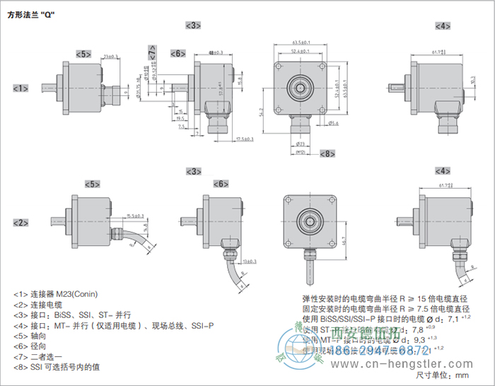 AC58-CANopen光電絕對值型編碼器外形及安裝尺寸(方形法蘭Q) 德國hengstler(亨士樂)編碼器