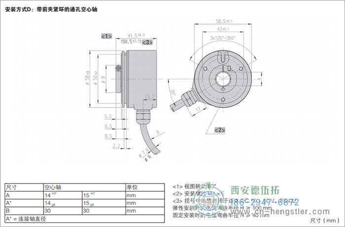 RI58-G/RI58-TG標(biāo)準(zhǔn)空心軸光電增量編碼器的外形及安裝尺寸(安裝方式D：帶前夾緊環(huán)的通孔空心軸) 德國(guó)hengstler(亨士樂(lè))編碼器