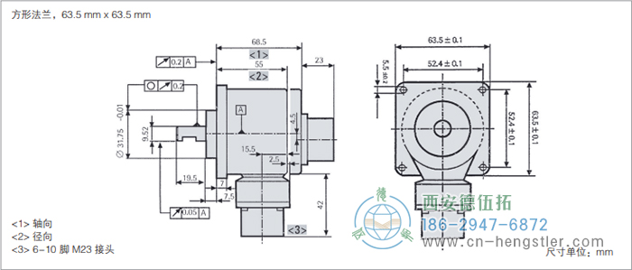 RI58-O/RI58-T標(biāo)準(zhǔn)實(shí)心軸光電增量編碼器外形及安裝尺寸(方形法蘭，63.5mm×63.5mm) 德國(guó)hengstler(亨士樂(lè))編碼器