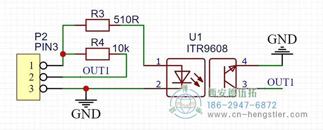 ITR9608是一種常見的對射式光電開關，加兩個電阻就可以使用了，設計了簡單的原理圖