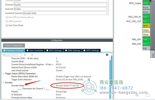 配置一下編碼模式，選擇“……TI1 and TI2”，這樣就會上升下降沿都計數(shù)，實際脈沖數(shù)數(shù)值上是柵格的4倍。